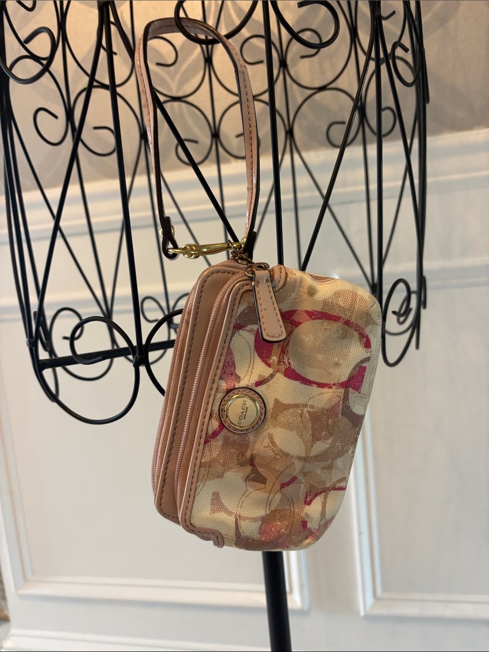 Coach Beige and Pink Signature Canvas Wristlet